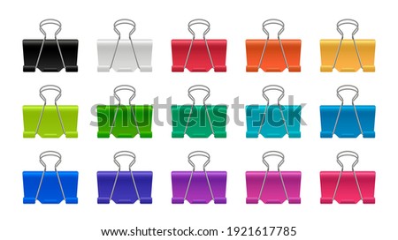 Paper binder clip set. Colorful metal clips. Realistic stationery. Vector illustration. Foto stock © 