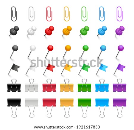 Pins and paper clips set. Colored binder clips, push pins, flags and tacks. Realistic stationery. Office supplies. Vector illustration. Foto stock © 