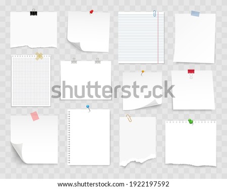 Note paper with pin, binder clip, push pin, adhesive tape and tack. Blank sheet, sticky note, torn piece of paper and notebook page. Templates for a note message. Vector illustration. ストックフォト © 