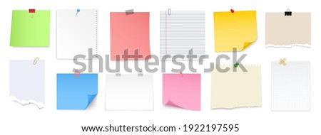 Note paper with pin, binder clip, push pin, adhesive tape and tack. Blank sheet, sticky note, torn piece of paper and notebook page. Templates for a note message. Vector illustration.