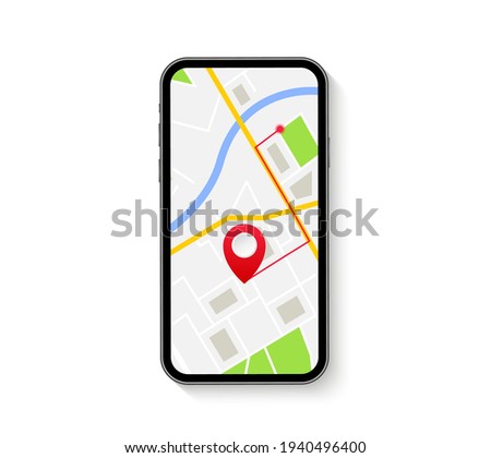 Mobile GPS navigation. Smartphone with city map and marker. Location map with city street roads on the smartphone screen. Map navigation app. Vector illustration.