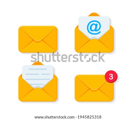 Set of mail and email envelopes. Opened and closed envelope with a document. Letter in envelope. Incoming new message. Vector illustration.