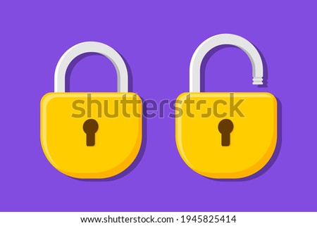 Lock flat icon. Padlock unlocked and locked. Lock closed and lock open. Symbol protection and secure. Vector illustration.