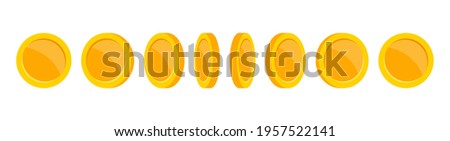Gold coins animation. Coin rotation at different angles. Golden coins of different shapes. Falling or flying coin. Money jackpot, casino. Vector illustration.