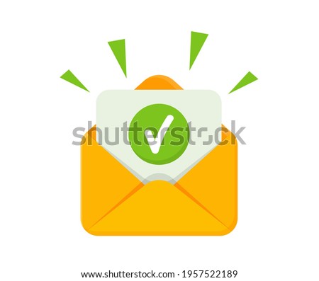 Envelope with approved document. Email confirmation. Document with check mark in open letter. Accepted message. Vector illustration in flat design.