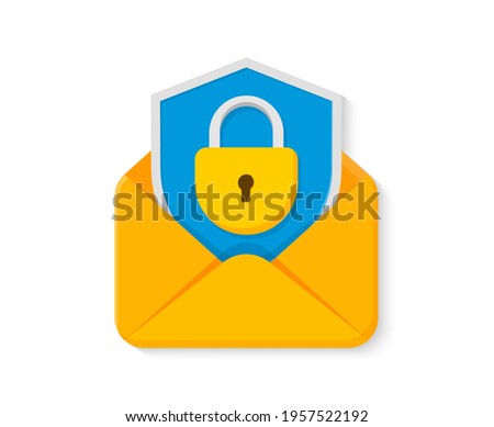 Secure mail flat icon. Email security concept with envelope, shield and lock. Data protection. Vector Illustration.