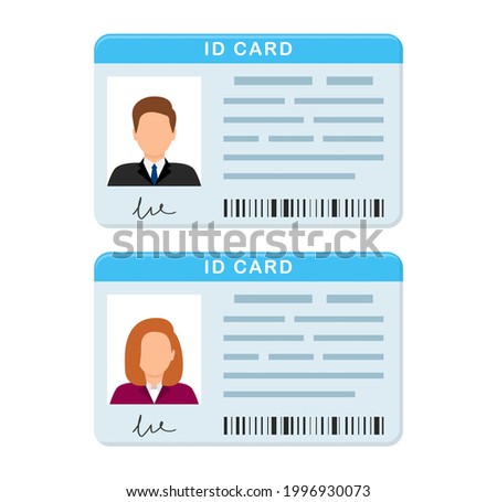 Plastic Id cards. Personal identity card for male and female. Identification verification. Driver license. Person data with photo and signature. Vector illustration in flat style.