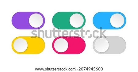 On and Off Toggle Switch. Slider buttons to turn on and off. Colored modern toggle switches for user interface on a device. Power control switch for smartphone. Vector illustration.