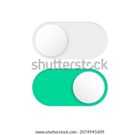 On and Off Toggle Switch. Slider buttons to turn on and off. Modern toggle switches for user interface on a device. Power control switch. Vector illustration.