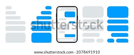 Smart Phone with chatting. Smartphone with blue message bubbles. Speech bubbles for chat. Text sms template bubbles. Messenger conversation mockup. Messenger interface.