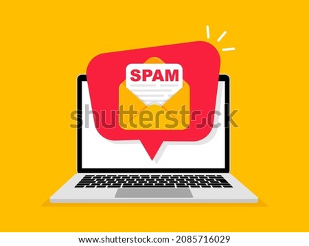 Spam email concept. Spam message on laptop screen. Warning and alert spam notification. Envelope with spam. Spamming mailbox. Virus, email fraud concept. Vector Illustration.