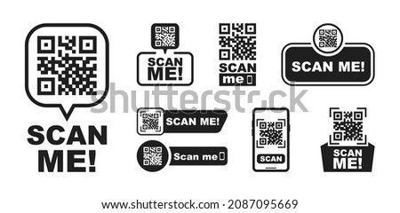 Set of QR codes with inscription scan me with smartphone. Scan qr code icon. Qr code for payment, mobile app and identification. Vector illustration.