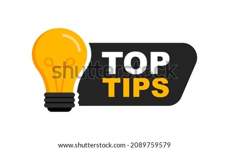 Top tips logo with light bulb. Top tips badge. Quick tips, helpful tricks, tooltip, advice and idea for business and advertising. Vector illustration.