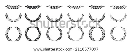 Set of wreaths and branches with leaves. Hand drawing laurel wreaths and branches collection. Laurels wreaths, swirls, twigs and flower ornaments. Herbs, flowers and plants elements. Design elements.