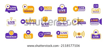 Live Webinar icon set. Live streaming icon set. Live stream logo. Video conference icon. Live broadcast button. Online meeting icon. Social media webinar. Vector illustration.