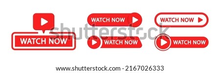 Watch now buttons. Play video button set. Watch video now button for web site. UI element. Vector illustration.