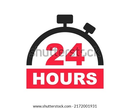 24 hours banner with timer. Twenty four hour open. Label all day service for delivery, store, pharmacy etc. Vector illustration.