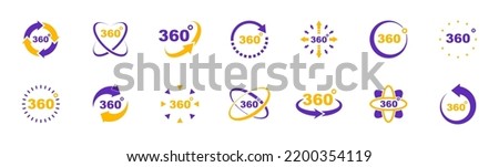 360 degrees view icon set. Signs virtual reality, panoramas and 360 degrees rotating. Icons with arrows and circles indicating turn 360 degree view. Vector illustration.