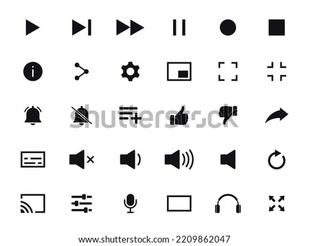 Media player icon set. Video player control icons. Interface icons for multimedia and music player. Media control buttons. Vector illustration.