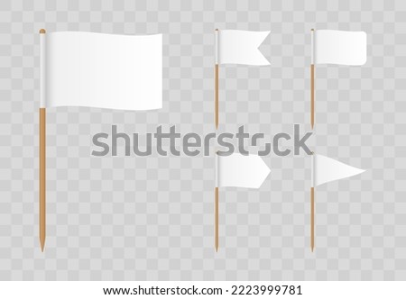 Realistic toothpick flags. White banners various shape on wooden stick. Blank toothpick flags for decoration. Vector illustration.