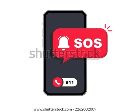 SOS emergency call in the phone. SOS message. SOS bell red icon. Emergency hotline. 911 calling. Hotline concept. First aid. Vector illustration.