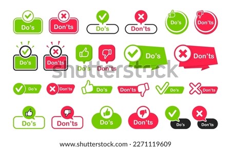 Do and Don't icon set. Check mark and cross. Like and dislike symbols. Thumb up and thumb down icons. Positive and negative signs. Vector illustration.