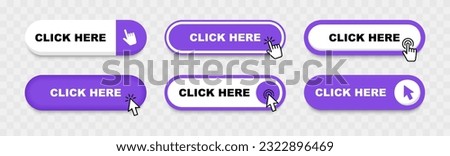 Click Here Button with pointer clicking. Web button set. Click button. Clicking the icon. Action button click here with click cursor. Vector illustration.