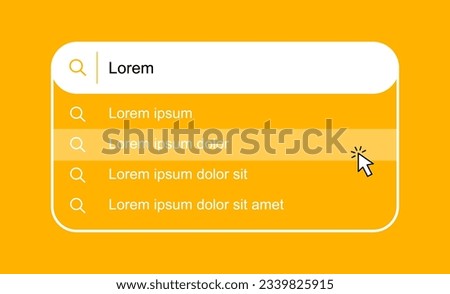 Search bar with suggestions and pop up list search results. Search form template for websites and ui interface. Search address and navigation bar icon. Vector illustration.