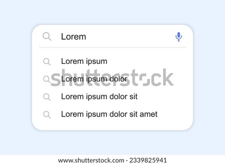 Search bar with suggestions and pop up list search results. Search form template for websites and ui interface. Search address and navigation bar icon. Vector illustration.