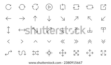 Arrows icons set. Line arrows. Vector arrows of various shapes and directions. Arrow for interface website and app. Editable stroke.