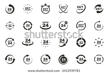 24 7 service icon set. 24-7 open, concept with call icon. Support 24 hours a day and 7 days a week. Support service. Vector Illustration.