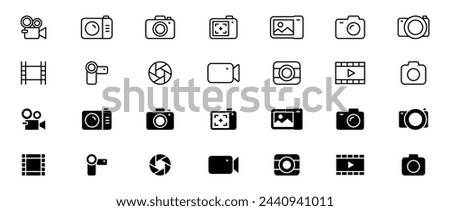 Camera icon set. Photography icons. Multimedia icons - photo and video. Devices icons. Vector illustration.