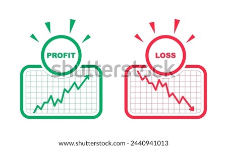 Financial profit and loss. Graph of growth and fall profit with with arrow up and down. Chart finance with increase and decrease. Vector illustration.