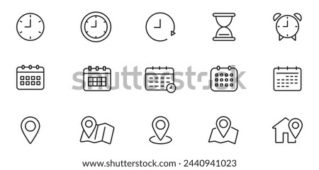 Time, date and address line icon set. Clock, calendar, location pin. Editable stroke. Vector illustration.