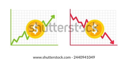 Financial profit and loss. Graph of growth and fall profit with with arrow up and down. Chart finance with increase and decrease. Vector illustration.