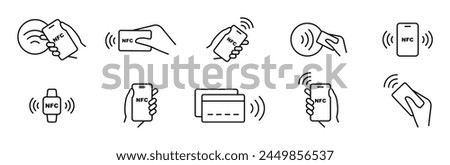 NFC payment icon set. Contactless wireless pay sign. NFC technology icon. Credit card nfc payment. Editable stroke. Vector line icon.
