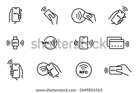 NFC payment icon set. Contactless wireless pay sign. NFC technology icon. Credit card nfc payment. Editable stroke. Vector line icon.