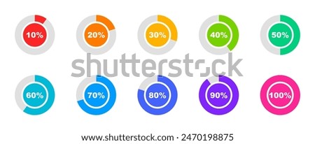 Circle percentage diagrams set. Loading indicator. Download process. Percentage pie chart for infographics, ui, web design and business presentation. Vector illustration.