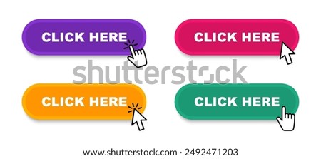 Click Here Button with pointer clicking. Web button set. Click button. Clicking the icon. Action button click here with click cursor. Vector illustration.