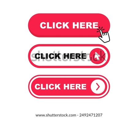 Click Here Button with pointer clicking. Web button set. Click button. Clicking the icon. Action button click here with click cursor. Vector illustration.