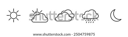 Weather Linear Icons. Weather forecast. Meteorological symbols. Suny, cloudy, rainy, thunderstorm, windy, snow etc. Vector web icons.