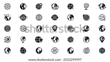 Globe earth icon big set. World icon collection. Web and homepage icons. Globes with world maps. www symbol. Vector illustration.