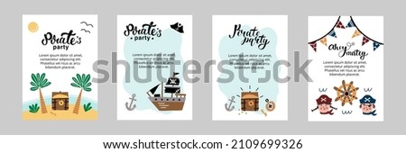 Pirate Party birthday invitation set. Vector illustration with hand lettering, cute elements, treasure chest, desert island, kids in tricorn, pirate ship. For postcard, greeting design.