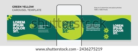 Geometric carousel template. social media seamless square post. healthy. food. green. yellow. microblog. modern. clean. minimal. advertising. leaflet. brand. eps vector illustration