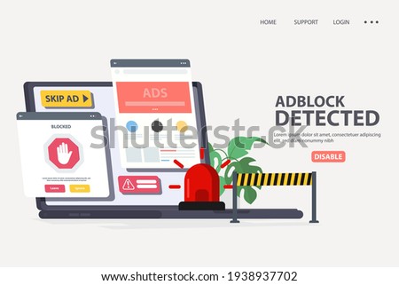 Please, disable ad blocker vector web browser message banner illustration for your blog or website. Ad blocker detection alert