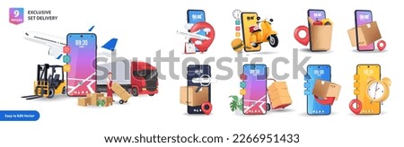 Delivery 3d render vector set. Return, Trucking, Food,  Express, and More. Online delivery phone concept.