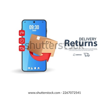 3D Online Returns Delivery on Mobile. Fast respond delivery package shipping. Vector illustration