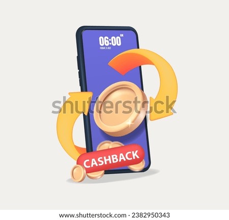 3D Cashback via mobile phone with arrow on coin float and sale promotion banner.