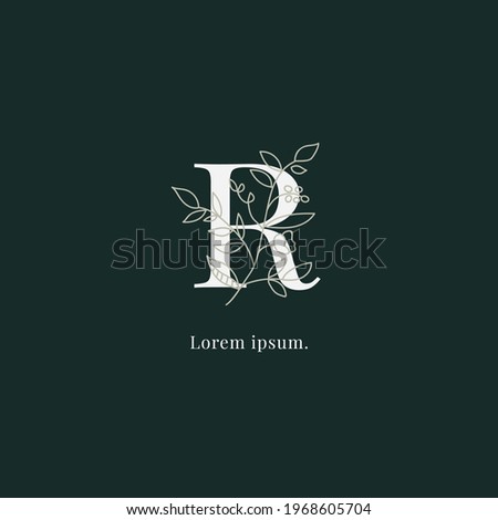 initial R letters monogram logo with leaf and flower vector.