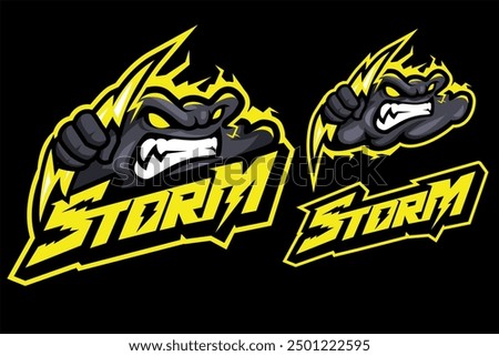 angry cloud holding lightning mascot logo